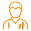 Orange line icon of a person in a collared shirt and hard hat, front view
