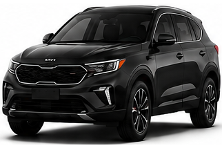 Black Kia SUV on a white background, front three-quarter view