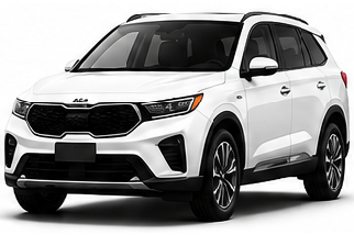 White Kia SUV in front three-quarter view on a plain background