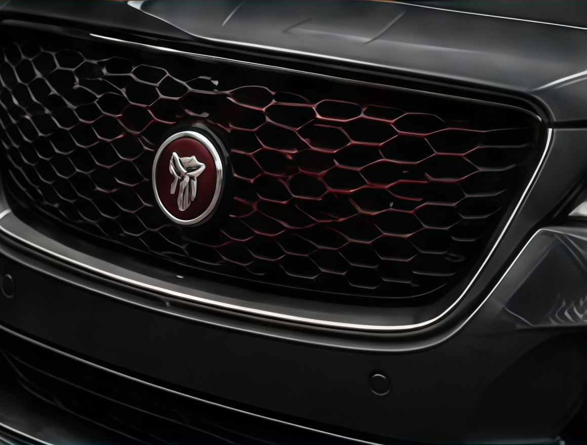 Close-up of a black car grille with a red mesh pattern and a central Ram logo