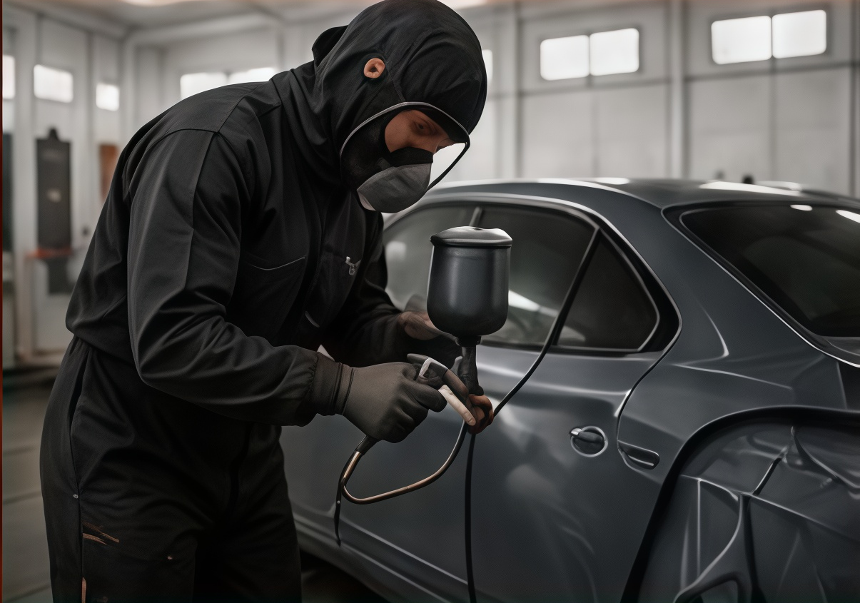 Person in black protective gear spray-painting a gray car in a workshop