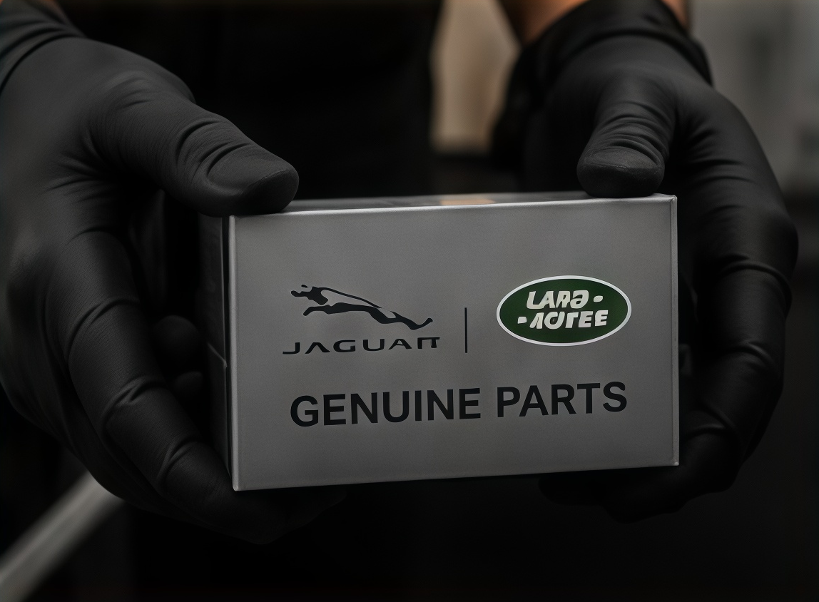 Gloved hands hold a black box labeled “JAGUAR LAND ROVER GENUINE PARTS”