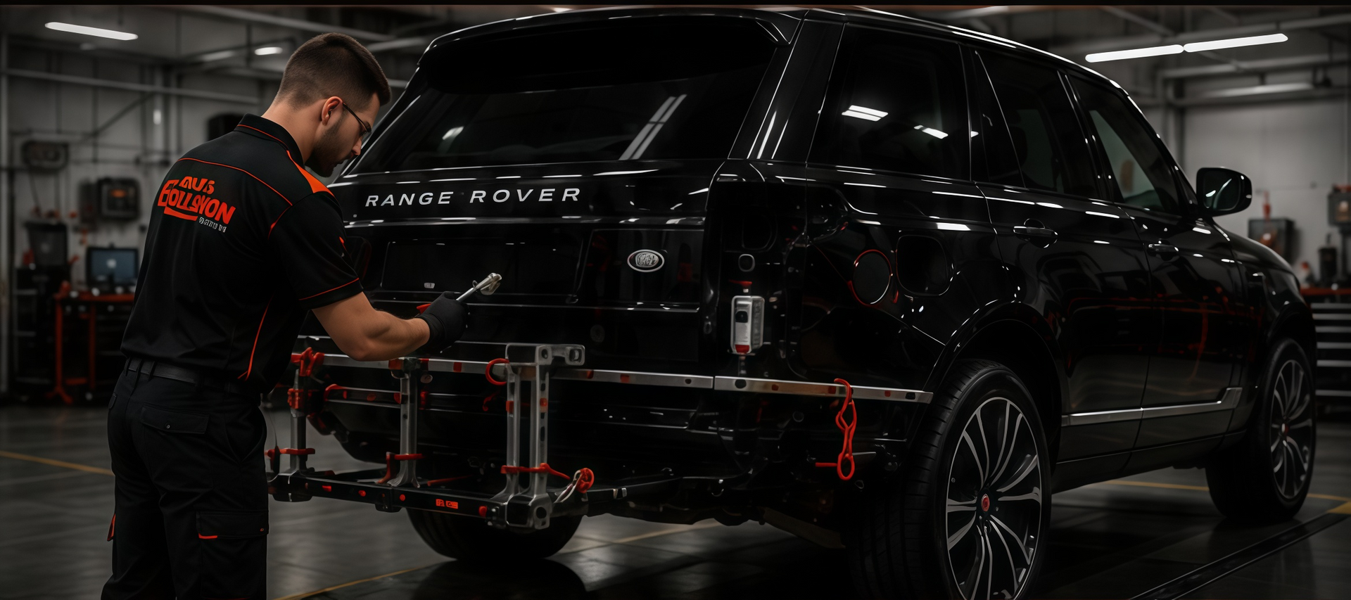 Technician using equipment to inspect a black SUV in a garage
