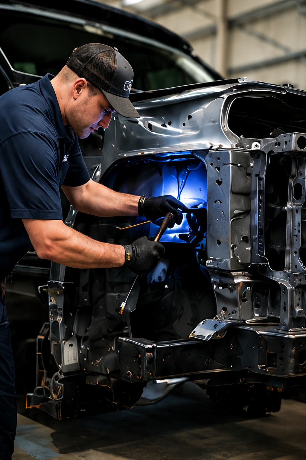 Mechanic welding a car frame in a garage, with bright blue sparks lighting the dark vehicle body