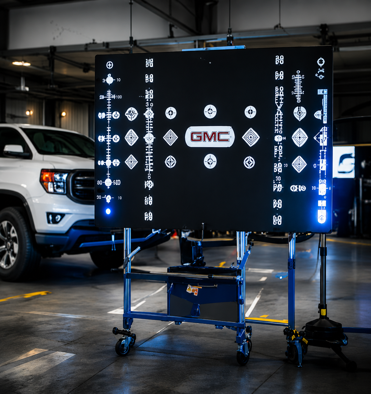 BMC-branded calibration board with markers on a rolling stand in an auto workshop, beside a white truck