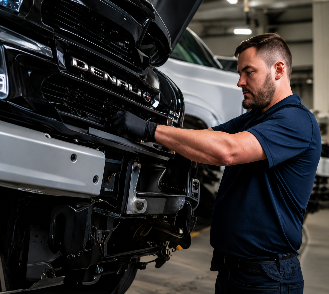 Mechanic working on the front of a black Dodge truck in a garage