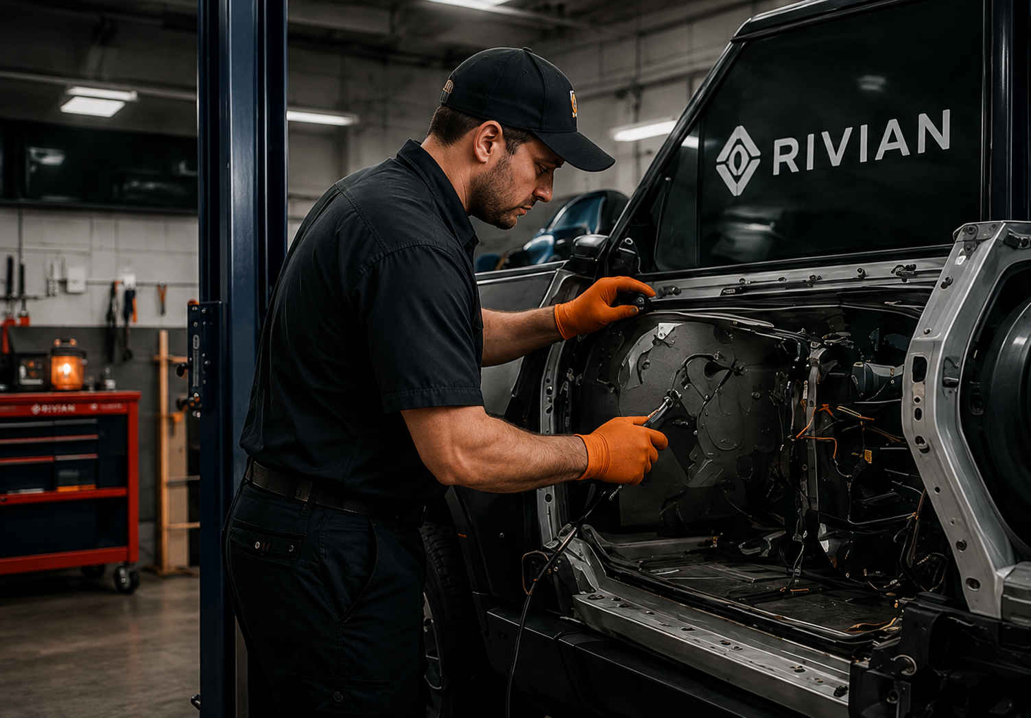Mechanic in orange gloves works on a Rivian vehicle inside a garage workshop