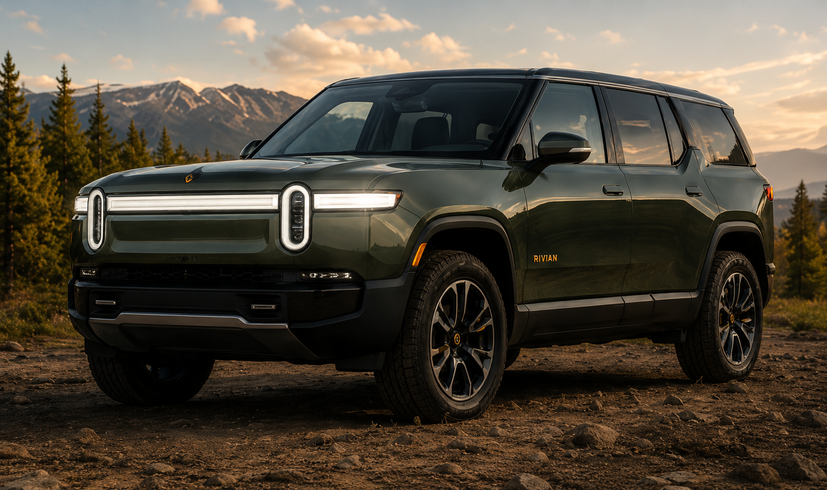 Dark green Rivian SUV parked on a dirt road with mountains and pine trees at sunset
