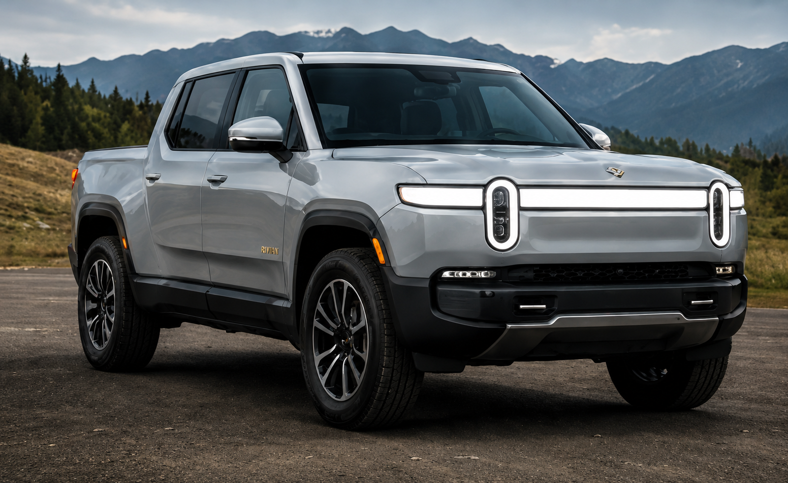 Silver Rivian electric pickup truck on a gravel road with mountains in the background