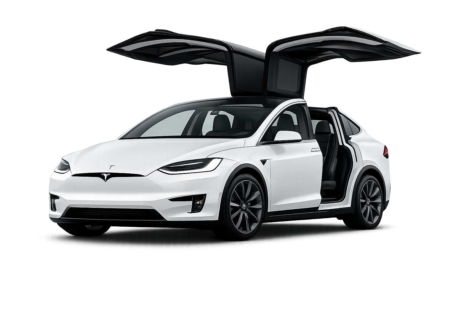 White Tesla Model X with falcon-wing doors open on a white background