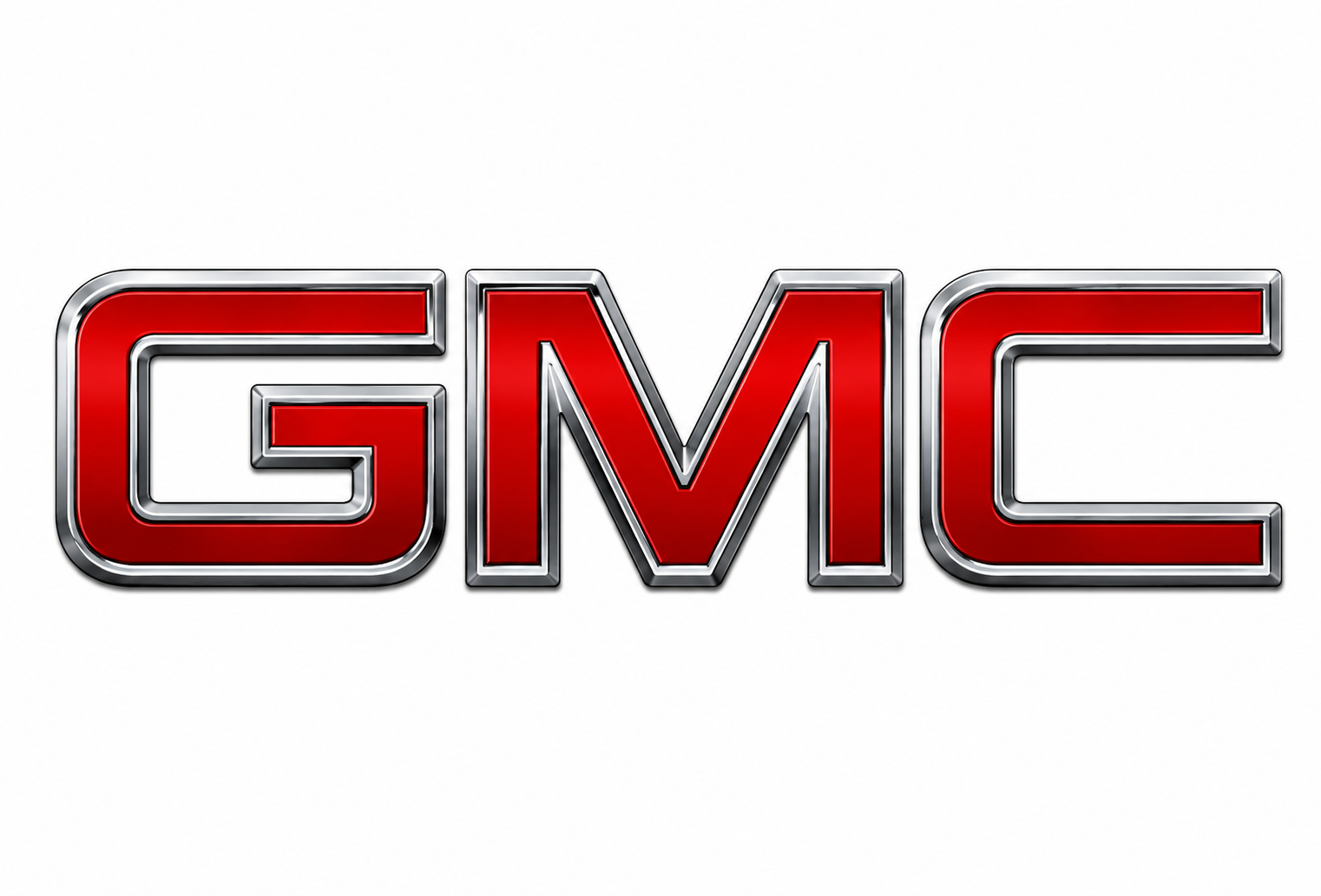 GMC logo in red chrome letters on a white background