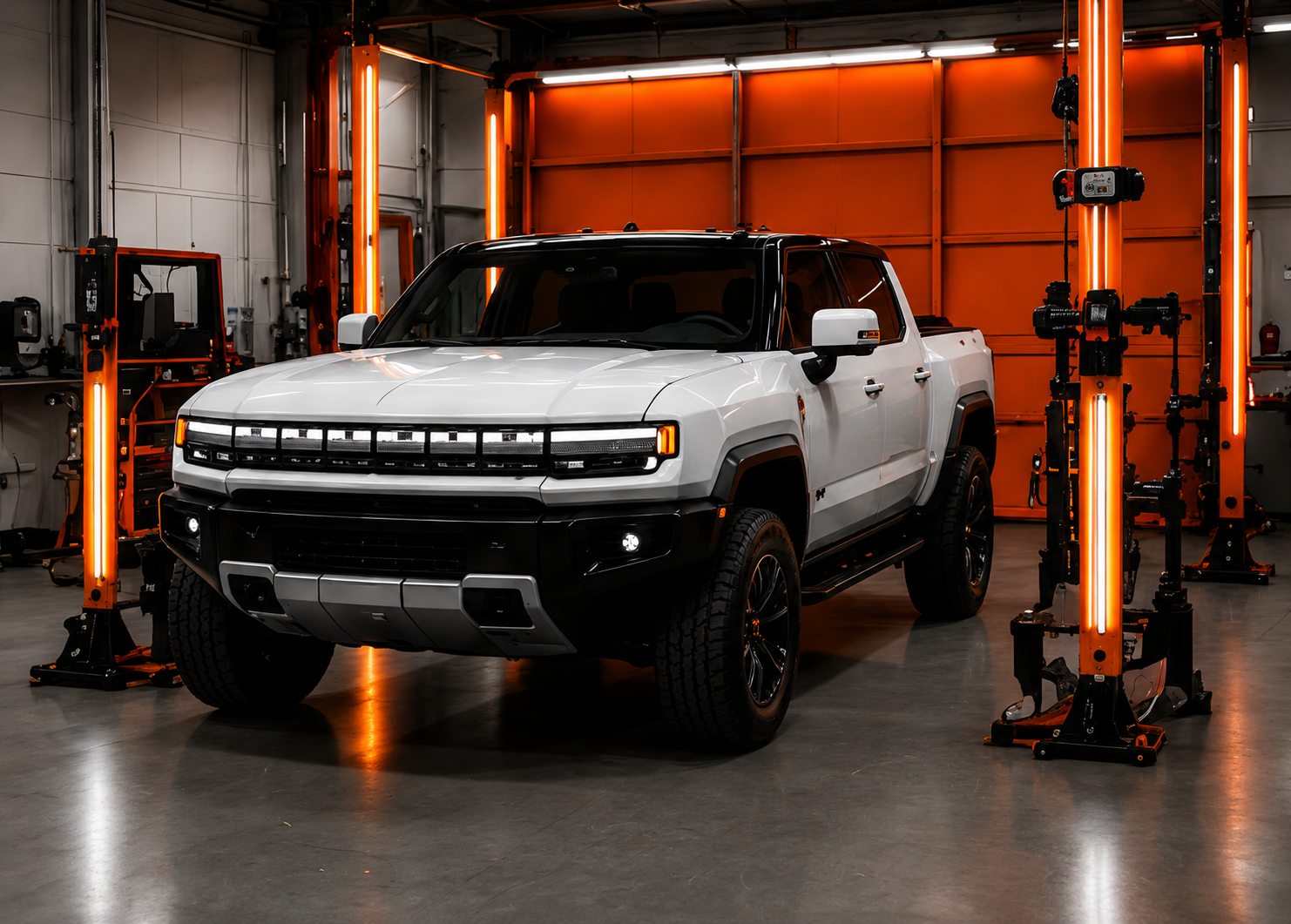 White off-road pickup truck in an orange-lit garage studio, centered between lift posts