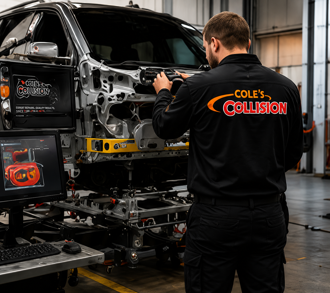 Auto body technician working on a black SUV in a collision repair shop