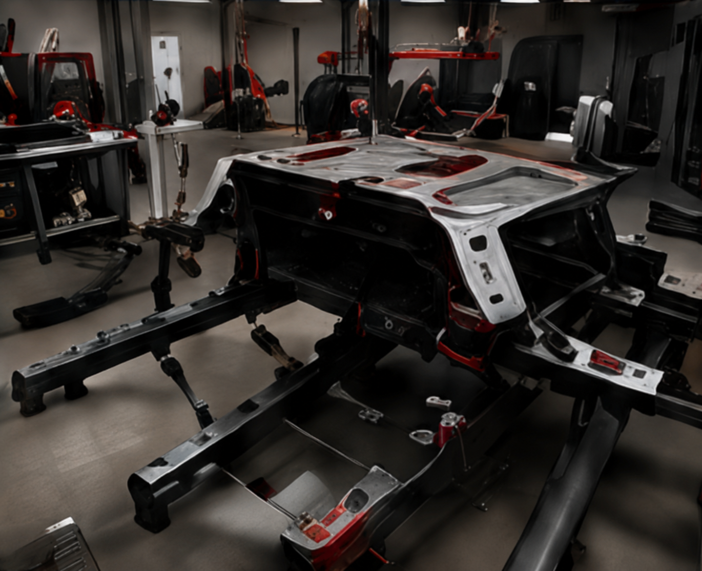 Red and black car chassis frame in a workshop, surrounded by tools and equipment.