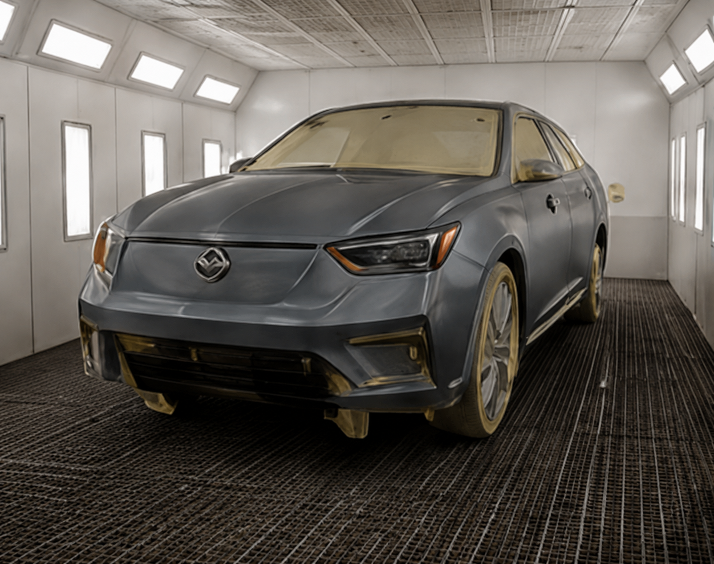 Gray sedan in a white auto paint booth, viewed from the front-left side.