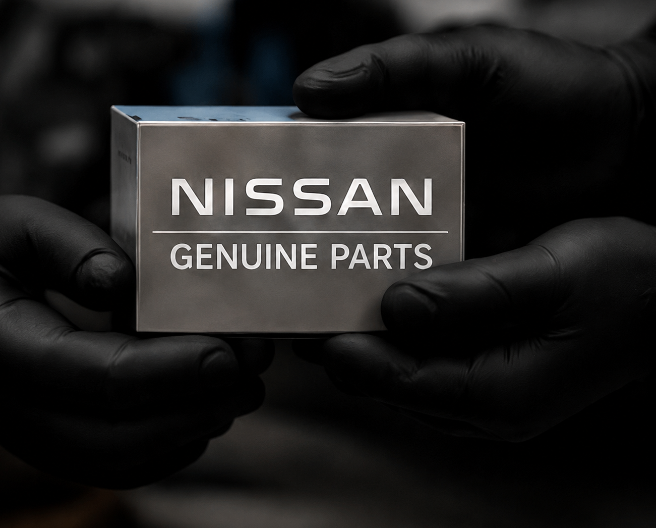 Black-gloved hands holding a silver Nissan Genuine Parts box on a dark background