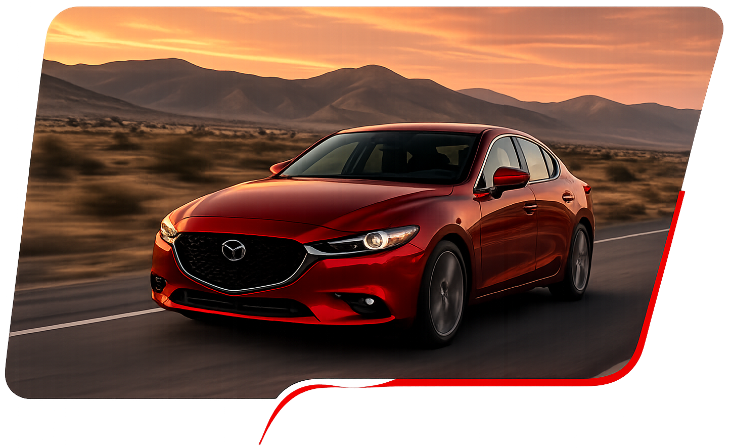 Red sedan driving on a road at sunset with mountains in the background