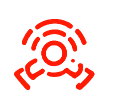 Red abstract person icon with radiating signal waves and raised hands