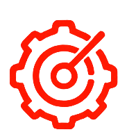 Red gear icon with a target and upward diagonal arrow inside