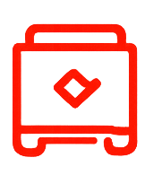 Red line icon of a bus or van with a heart symbol in the center