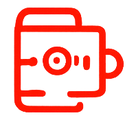 Red line-art icon of a simplified face with a circular eye and side profile on a white background