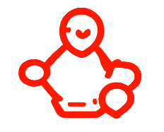 Red line-drawn smiling robot mascot icon on a white background