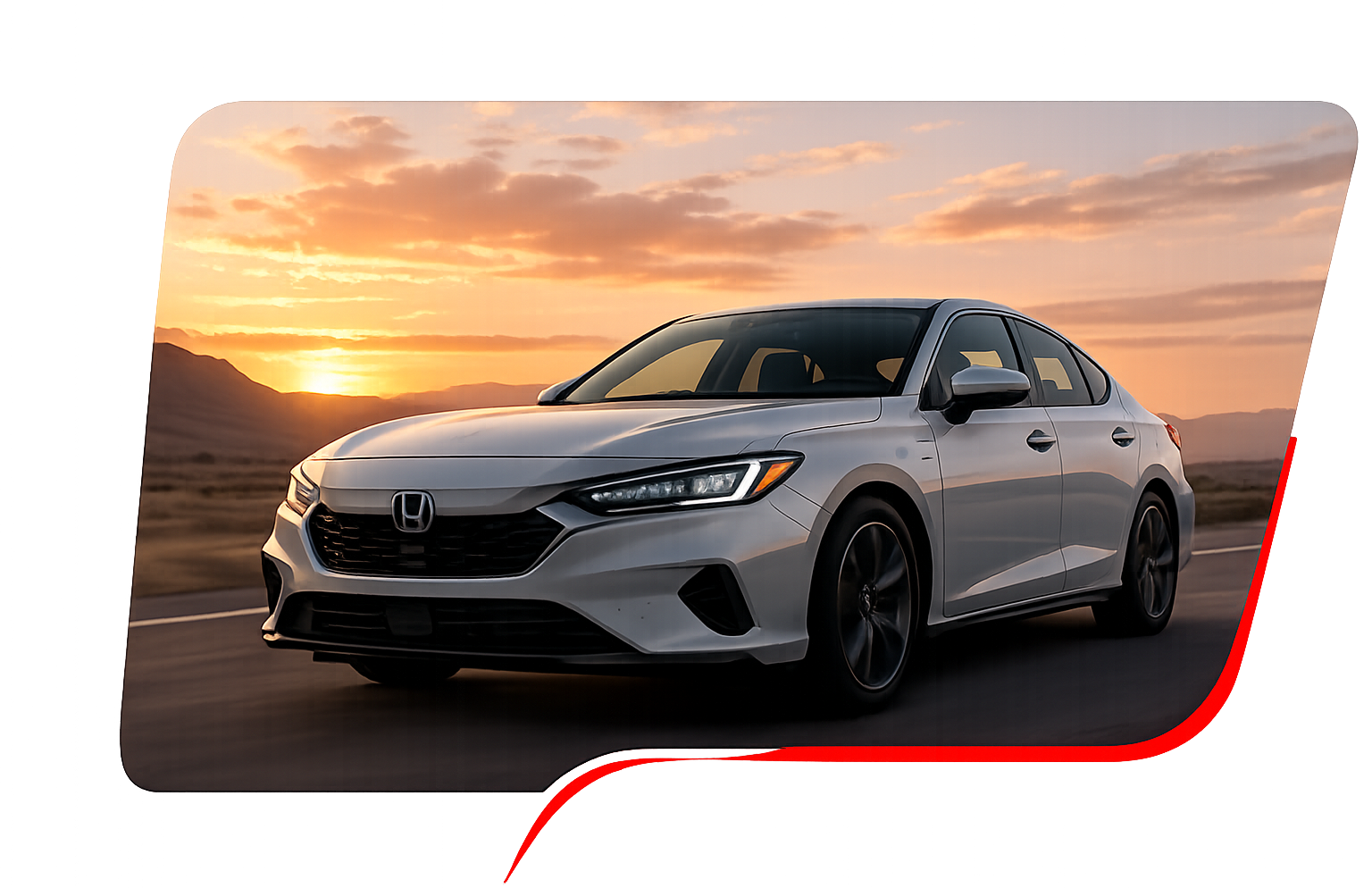 Silver sedan parked on a road at sunset with mountains in the background