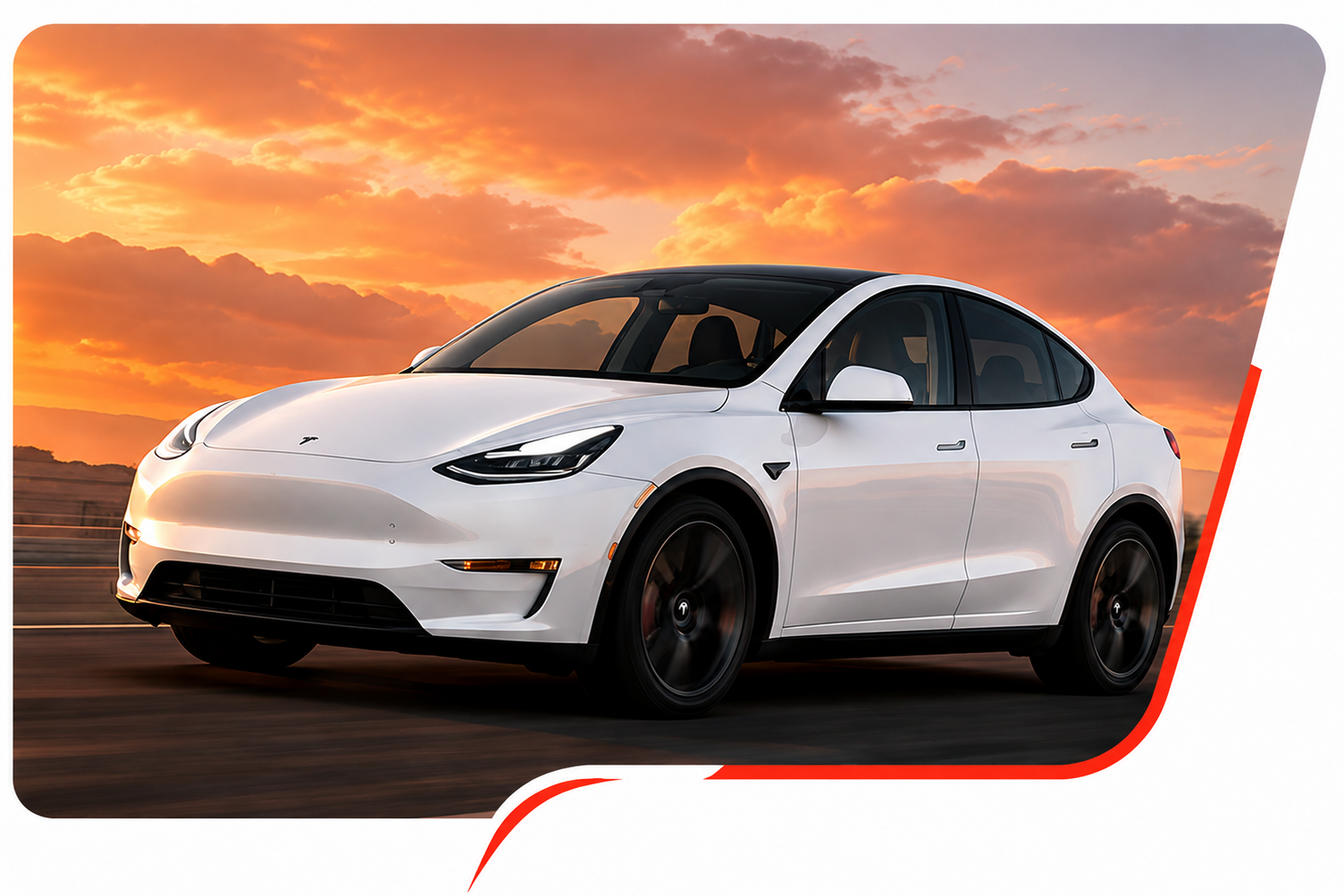 White Tesla SUV on a road at sunset with orange clouds in the background