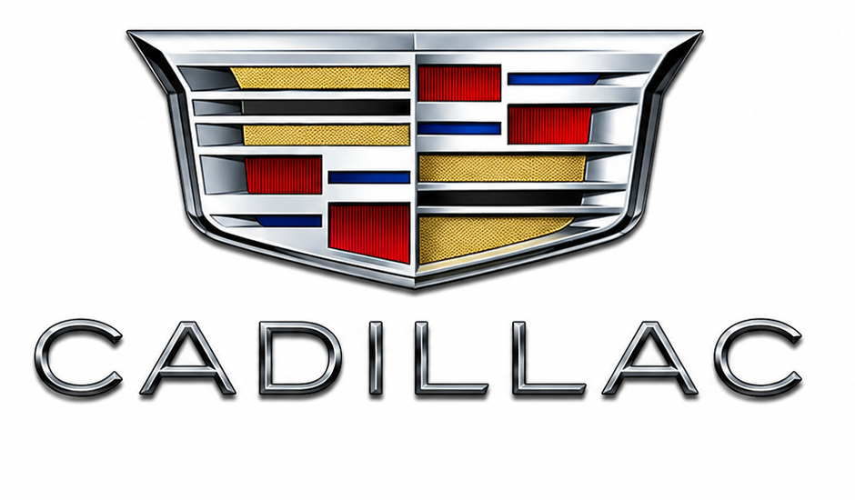 Cadillac logo with multicolored crest and silver wordmark on a white background