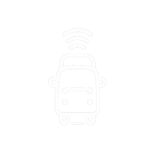 Front view of a white self-driving car with wireless signal waves above it
