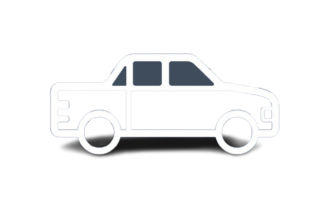 White car icon in side view with dark windows and wheels on a light background