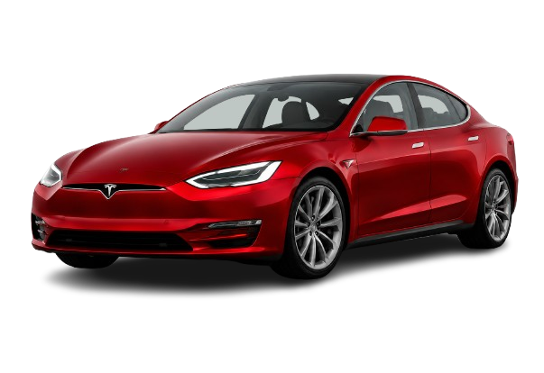 Red Tesla Model S sedan on a white background, front three-quarter view