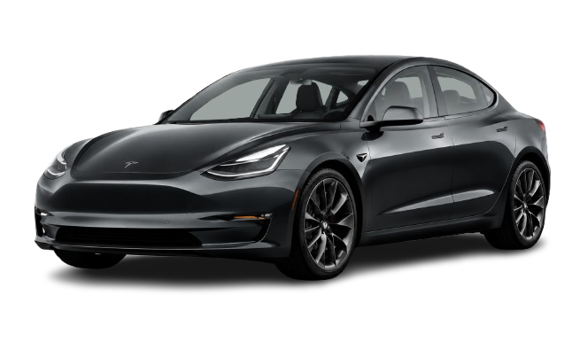 Black electric sedan car in a front-left three-quarter view on a white background