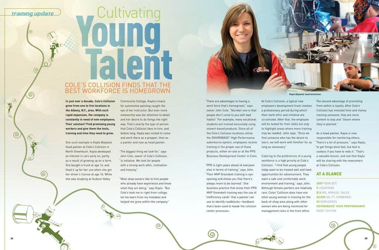 Magazine spread titled “Cultivating Young Talent” with a smiling student and collage of classroom and activity photos