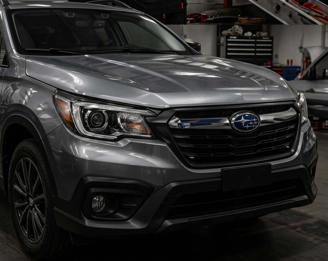 Gray Subaru SUV parked in a garage, front-left view with headlights visible
