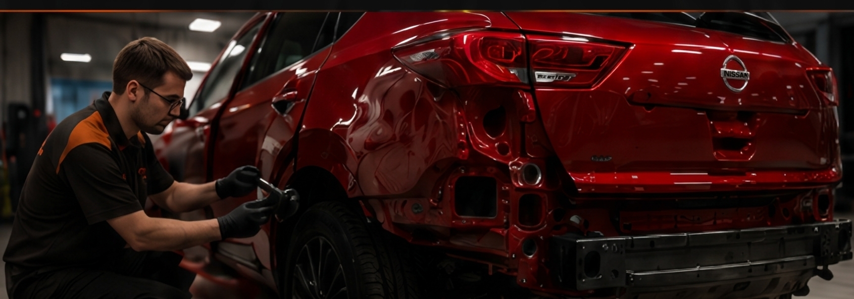 Mechanic repairing a red car’s rear body panel in a garage with tools and parts visible