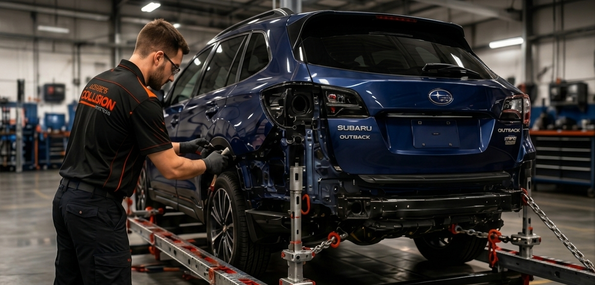 Mechanic working on a dark blue SUV in an auto shop on a lift