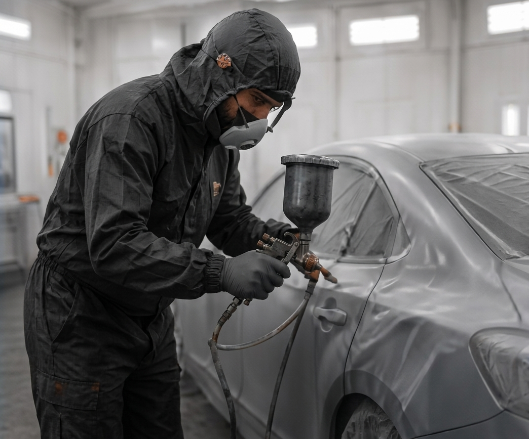 Painter in a spray booth applying gray paint to a car body with a spray gun