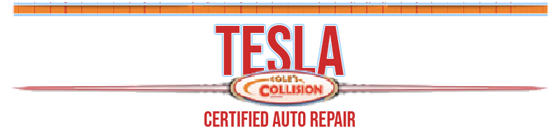 Tesla Certified auto body repair logo in red with gray stripes on a white background