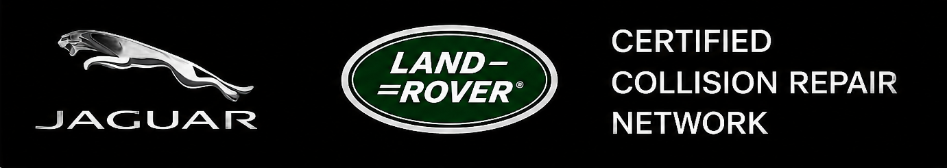 Jaguar, Land Rover, and Certified Collision Repair Network logos on a black background