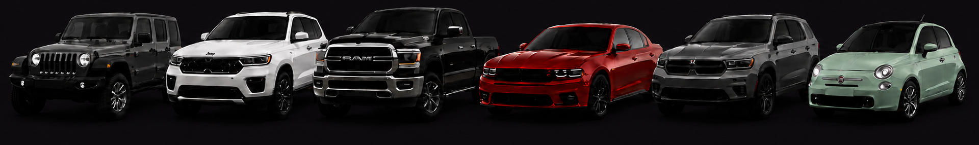 Six cars in black, white, red, and mint green lined up against a dark background.