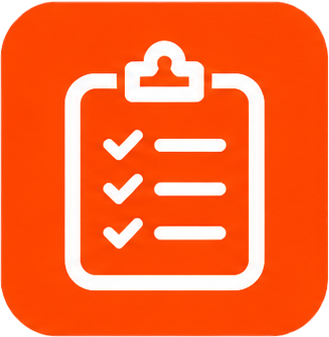 Orange square app icon with a white checklist clipboard and three checkmarks