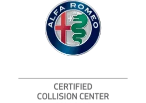 Alfa Romeo Certified Collision Center logo with blue, red, green, and white emblem