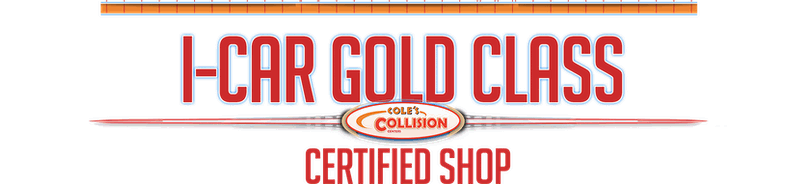 I-CAR Gold Class certified shop logo in red with orange stripes on a white background