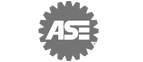Gray circular ASE gear logo with white letters on a white background