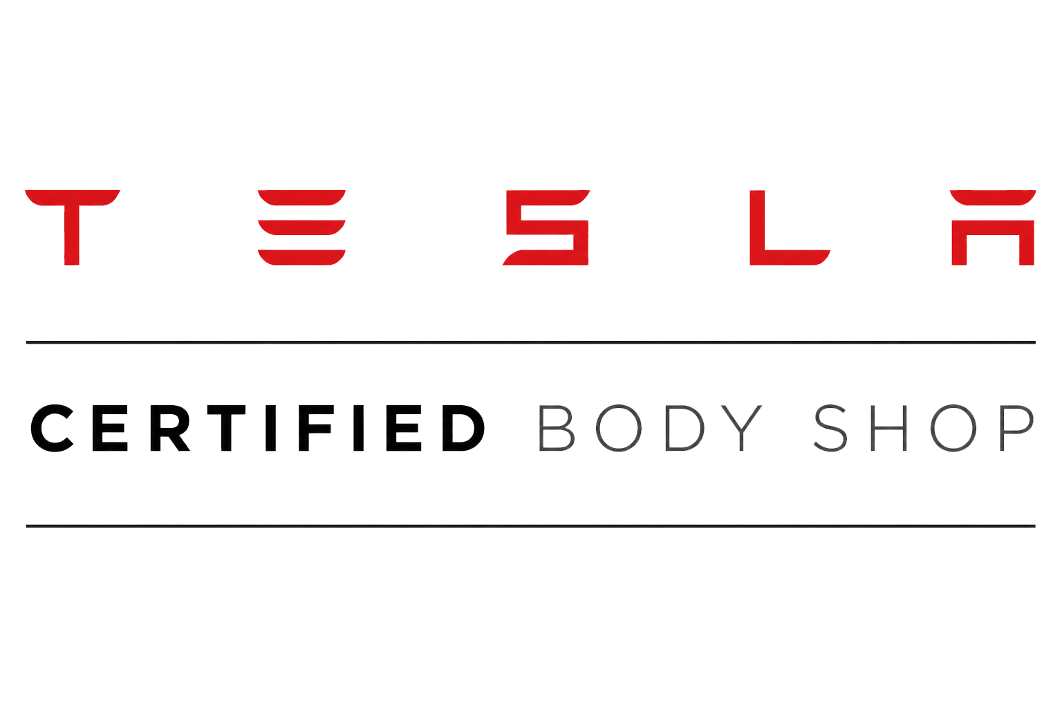 Tesla Certified Body Shop logo in red and black on a white background