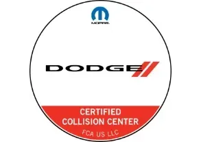 Round Dodge certified collision center sign with black, red, and white logo, FCA US LLC text