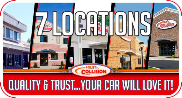 7 collision repair locations banner with storefront photos and slogan “QUALITY & TRUST... YOUR CAR WILL LOVE IT!”