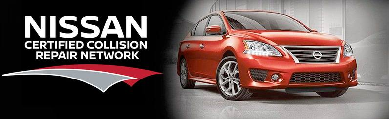 Nissan Certified Collision Repair Network logo with a red Nissan sedan on a black and gray background