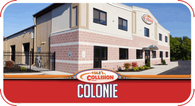 Collision Colonie auto body shop building with red trim and storefront sign